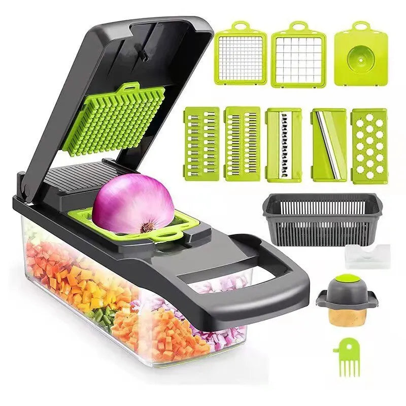 1Pc Green Black 12 in 1 Multifunctional Vegetable Slicer Cutter Shredders Slicer with Basket Fruit Potato Chopper Carrot Grater